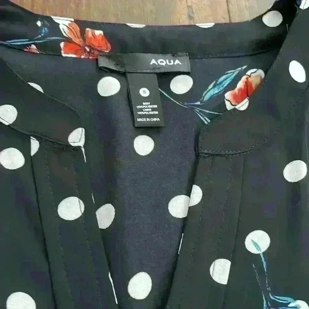 Aqua women’s long sleeve mandarin collar polka dot floral peplum mini dress S - Picture 8 of 10
